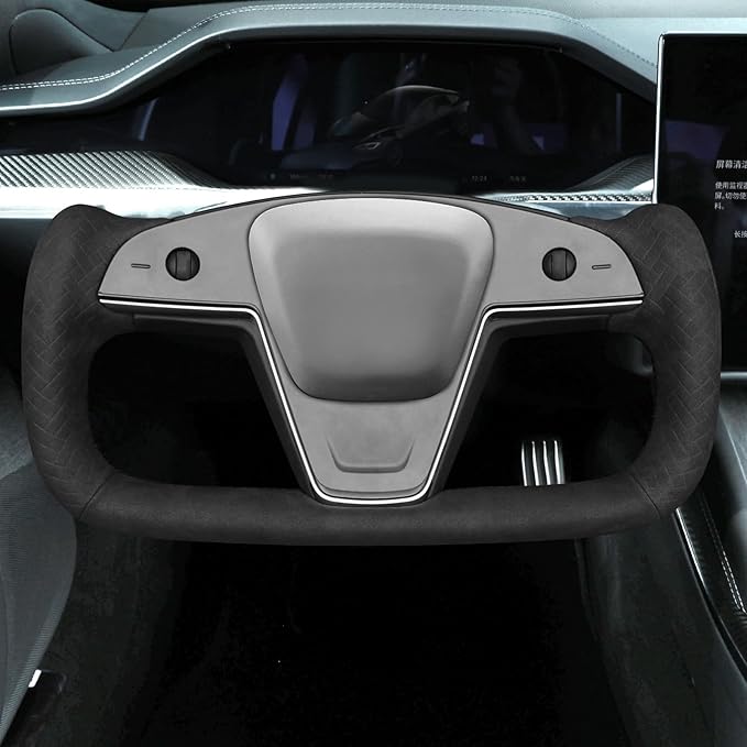 MEWANT Hand Stitch Black Smooth Woven Embossed Suede Steering Wheel Cover Wrap for Tesla Yoke Model S 2021-2023 Model X