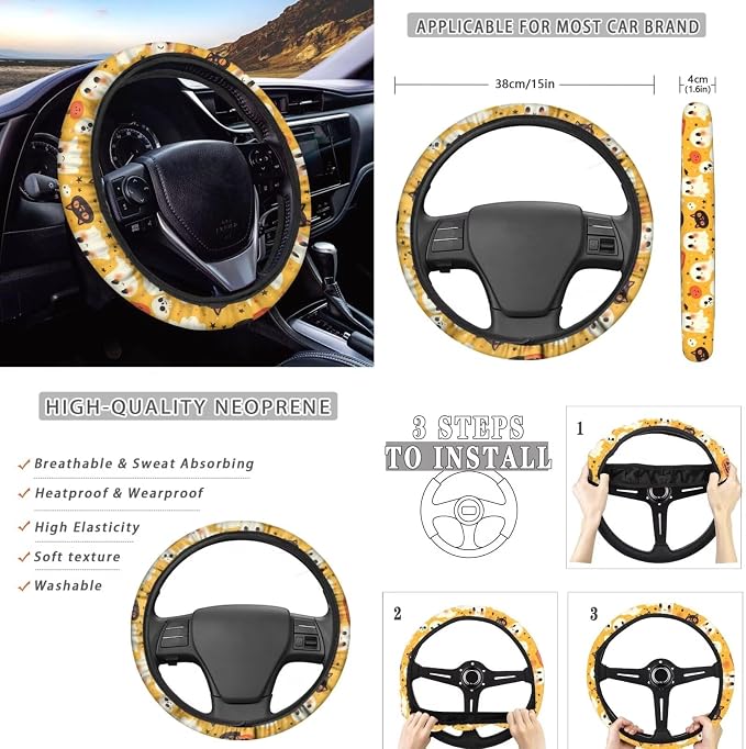 Cute Halloween Print Car Seat Covers Full Set with Auto Steering Wheel Cover Auto Center Console Pad Seat Belt Covers for SUV Truck Cars, Halloween Decorations Gifts