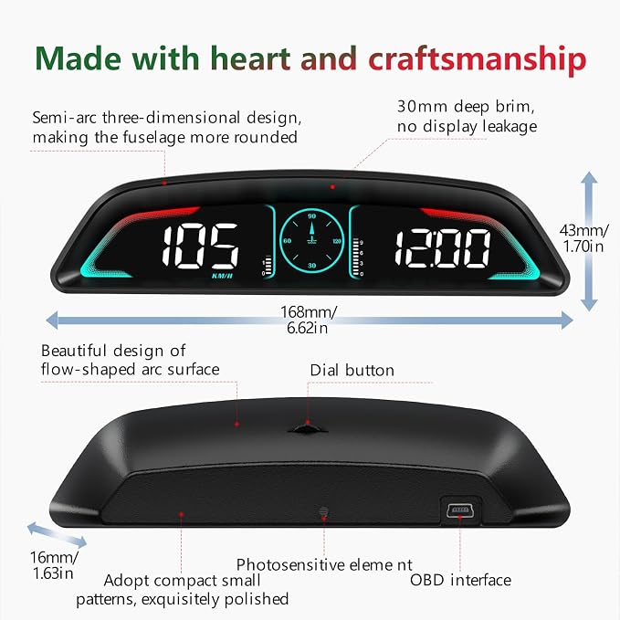 OBD2 Gauge Display,Head Up Display for Cars,Speedometer with Speed,Engine RPM,Clock,Overspeed Alarm,Water Temperature Alarm,Fatigue Driving Reminder,Fits Most Post-2008 Models