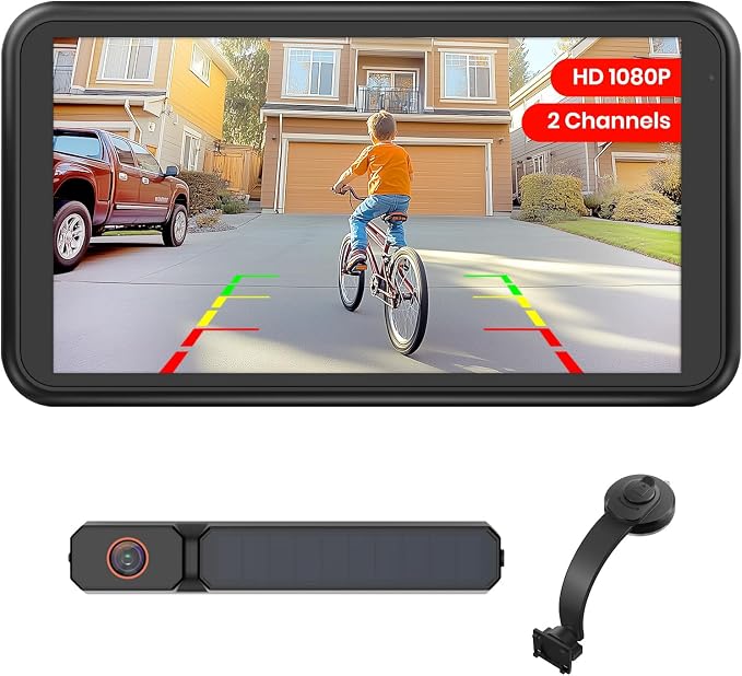 AUTO-VOX 5" Solar Wireless Backup Camera with Suction Cup Mount: Compact 1080P Monitor, Adjustable Windshield Mount, Solar Assisted Charging, IP69K for Car Truck SUV Trailer RV