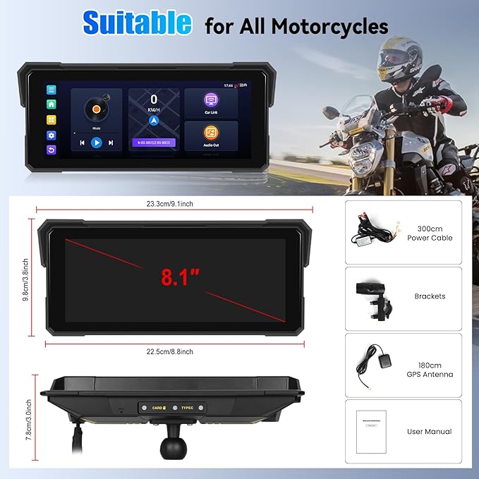 Android CarPlay Screen for Motorcycle, 8.1 inch IPS Portable Wireless Carplay/Android Auto Waterproof Portable Radio GPS Display for Motorbike with Built-in GPS Navigation Bluetooth