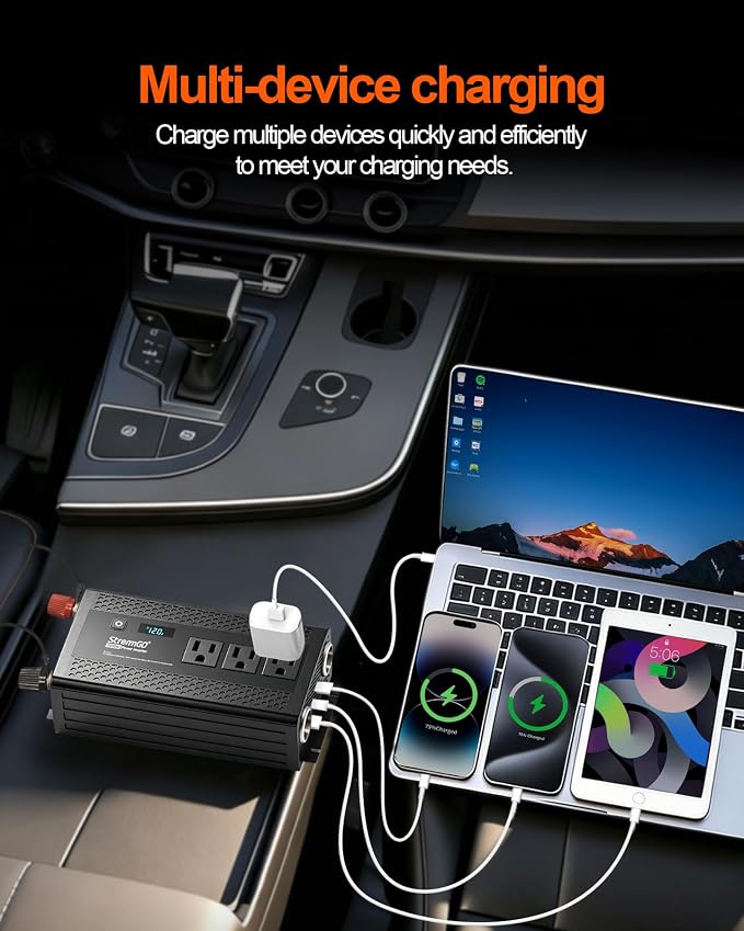 1000W Power Inverter for Vehicles, 12V DC to 110/120V AC Car Inverter with 3 AC Outlets, USB 24W/ PD 30W Fast Charger. (1000w-black)