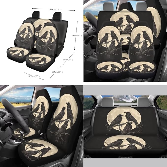 Crow Moon Pattern Car Accessories Set of 10 Front and Back Seat Covers Cup Coasters Car Trash Can Steering Wheel Cover Keychain Air Vent Storage Bag Interior Covers for Auto