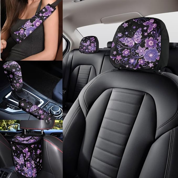 Purple Butterfly Car Seat Cover Full Sets Butterflies Flower Car Accessories 17 Pieces with Car Headrest Cover,Seatbelt Covers,Auto Seat Head Rest Protector for Auto Front Seat Rest Decor