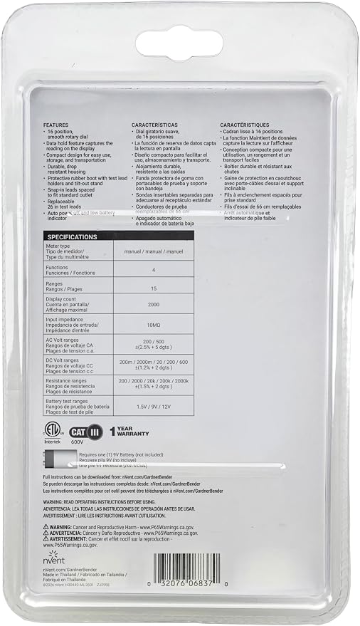 Gardner Bender GDT-3190 Digital Multimeter, 4 Function, 14 Range, Tests AC/DC Voltage, Resistance, and Battery, Manual Ranging, Auto-Off, 1/Each, Red With Black Rubber Boot