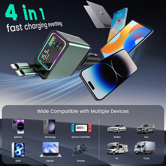 4 in 1 Retractable Car Charger, USB C Car Accessories Adapter for iPhone, Fast Charging with 2.62ft Cords, Road Trip Essentials and Travel Gifts for iPhone 16/15/14/13/12 Series, iPad, Galaxy, Pixel