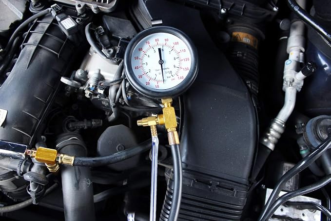BETOOLL Pro Fuel Injection Pressure Tester Kit Gauge 0-140 PSI with 9.49,7.89,6.30 Fuel Line Fittings