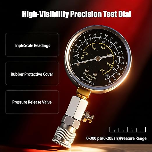 Professional 11-Piece 0-300 Psi Engine Compression Tester Kit with Spark Plug Tester, Adapters & Quick-Release Valve for Gasoline Car, Truck, Motorcycle, Lawn Mower