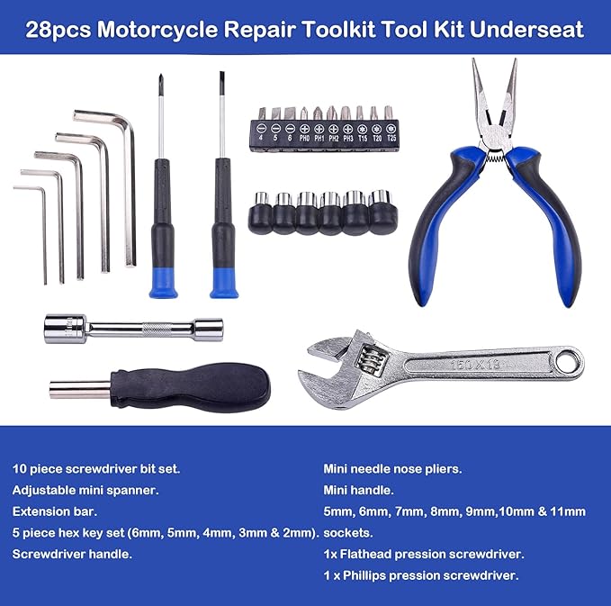Compact Motorbike Tool Sets 28pcs Motorcycle Repair Toolkit Tool kit Underseat,Motorcycle Repair on the Road, Great for Travel Tool Needs