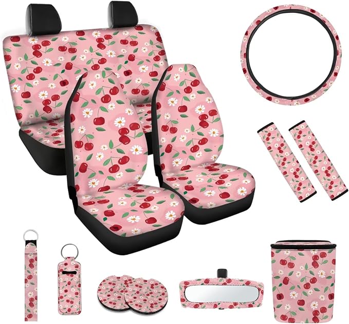 Cherry Daisy 12 Pack Car Seat Covers Sets Car Steering Wheel Cover Car Seat Belt Cover Car Trash Can Car Rear View Mirror Cover Car Cup Coasters Keychain Holder Keychains