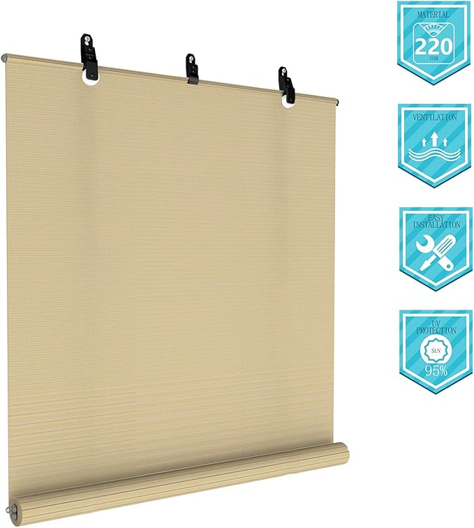 Coarbor Outdoor Roll up Shades Blinds for Pergola Porch Balcony Deck Roller Shade Screen 5'W x 13'L Hollow Out Beige