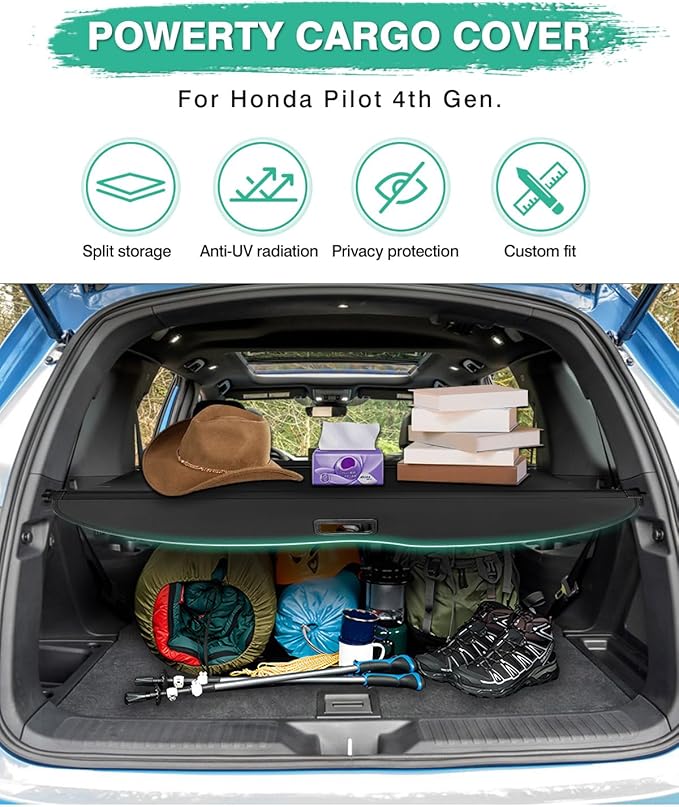 Powerty Retractable Cargo Cover for 2023-2025 Honda Pilot-Canvas Texture Trunk Cover Privacy Screen Rear Security Shade for Pilot Accessories