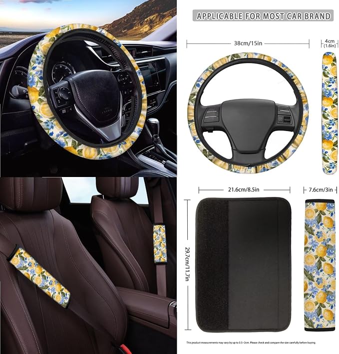 Lemon Print Car Seat Cover Sets for Women Full Set, Universal Decorative Auto Seat Covers with Steering Wheel Cover Seatbelt Pads Garbage Bag Car Air Vent Storage Bag Organizer