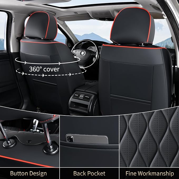 FLORICH Seat Covers Car Seat Covers Full Set Leather Seat Cover Front and Rear Luxury Waterproof Non-Slip Seat Protector Cushion Universal Fit for Most Cars Sedans Trucks SUV, Black&Red Line