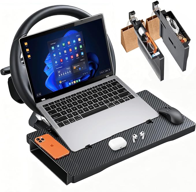 2-in-1 Car Steering Wheel Table Tray & Seat Gap Filler Storage, Foldable Carbon Fiber Style Tray for Laptop, Dining & Writing, Fits Standard Round Steering Wheel