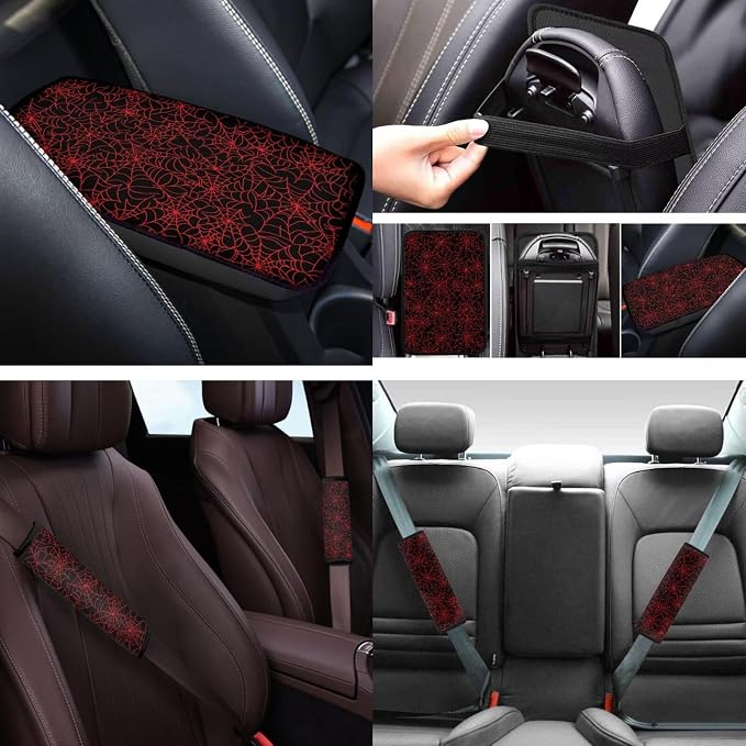 Halloween Spider Web 12 Pack Car Seat Covers Full Set with Auto Seat Belt Cover Car Armrest Cushion Cars Cup Coasters Steering Wheel Cover Universal Fit Most Cars SUV