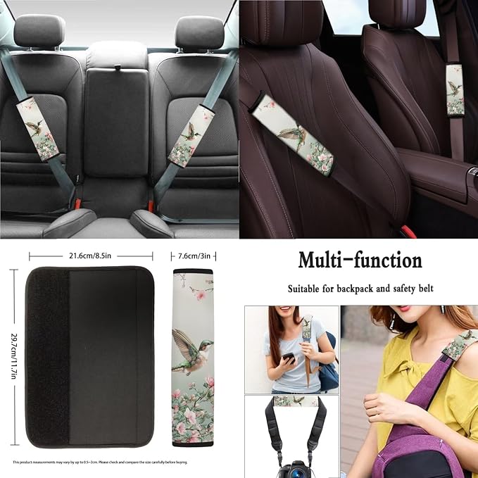 Suobstales Hummingbird Floral Print Car Seat Cover Set Interior Accessories Bucket Seat Cover Rear Split Bench Protection with Steering Wheel Cover,Seat Belt Cover Coaster,Keychains Fits Most Vehicles