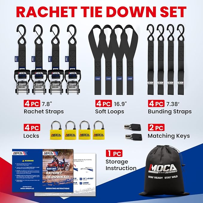 MOCA Black Locking Ratchet Straps - 5200 Lbs Breaking Strength, 1.6" x 8' Locking Tie Down Straps w/ 4 Locks & 4 Heavy Duty Ratchet Padded Handles & Coated Chromoly S Hooks & 4 Soft Loop Tie-Downs