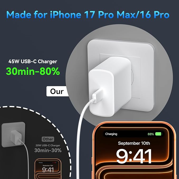 iPhone 17 16 15 Pro Max Charger Fast Charging, 45W USB C iPhone Charger Fast Charging Cable 10FT Long Type C Chargers Block Compatible with iPhone 17 Pro Max/17 Pro/17/16/16 Pro Max/15 Pro Max