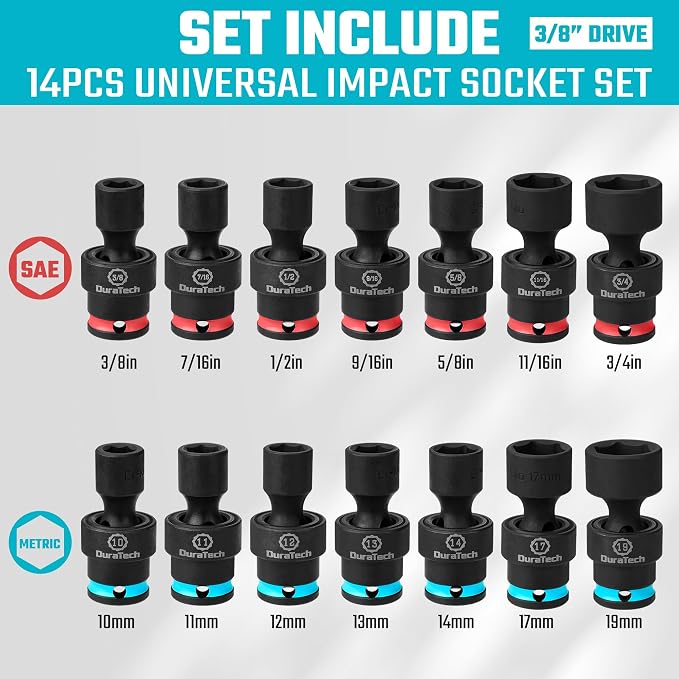 DURATECH 22-Piece Drive Tool Accessory Set & DURATECH 3/8" Drive Swivel Socket Set 14 Pieces SAE&Metric
