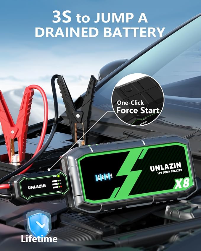 X8 10000A Portable Jump Starter with Force Start, All Gas & Diesel Engines | 12V Car Starter Jump Box & Battery Starter Booster, QC 3.0 Quick Charge, LED Light, Passenger Car, RV, ATV, Motorcycle