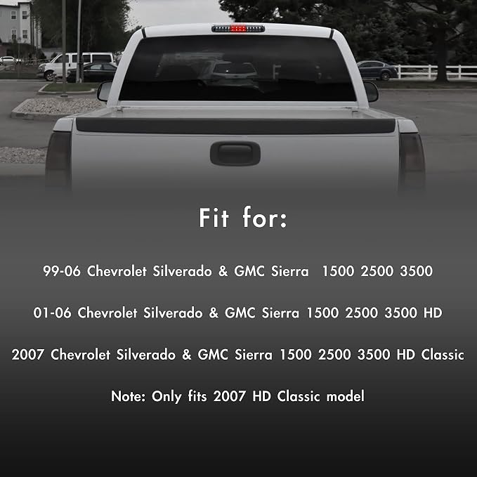 Third 3rd Brake Light, LED High Mount Stop Light for 1999-2007 Chevy Silverado GMC Sierra 1500 2500 3500 HD Classic, Rear Center Cab Roof Tail Cargo Lamp, Smoke Lens