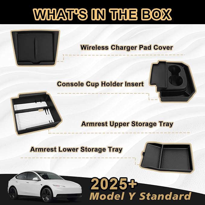 BestEvMod 4PCS Center Console Organizer Compatible with 2026 2025 Tesla Model Y Juniper | Standard Version | Accessories Armrest Storage Tray Cup Holder Wireless Charging Pad (Silicone Bottom Tray)
