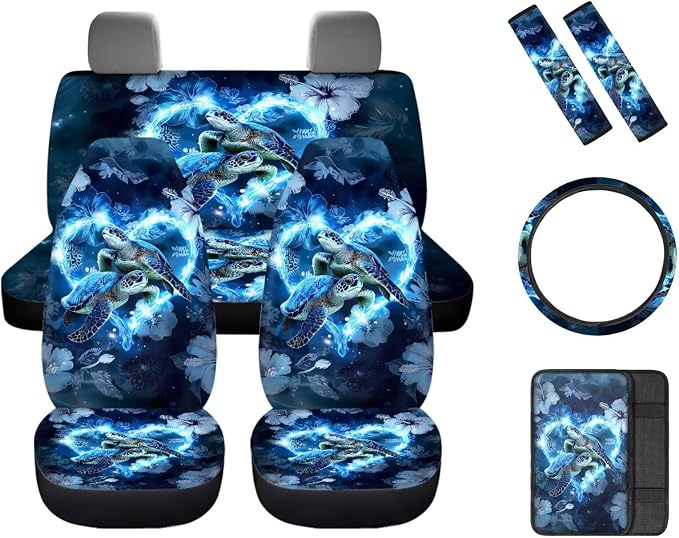 Sea Turtle Love Heart Design Car Interior Accessories Set for Women, Car Seat Cover Full Set with Steering Wheel Cover, Center Console Pad, Seat Belt Pads, Universal Fit Cars SUVs Trucks