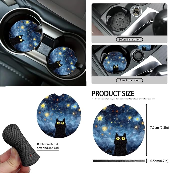 15Pcs Car Seat Cover Full Set Car Steering Wheel Cover Seat Belt Cover Trash Bin Air Vent Storage Box Front Rear View Mirror Car Cup Holder Keychain, Cute Cat Starry Night
