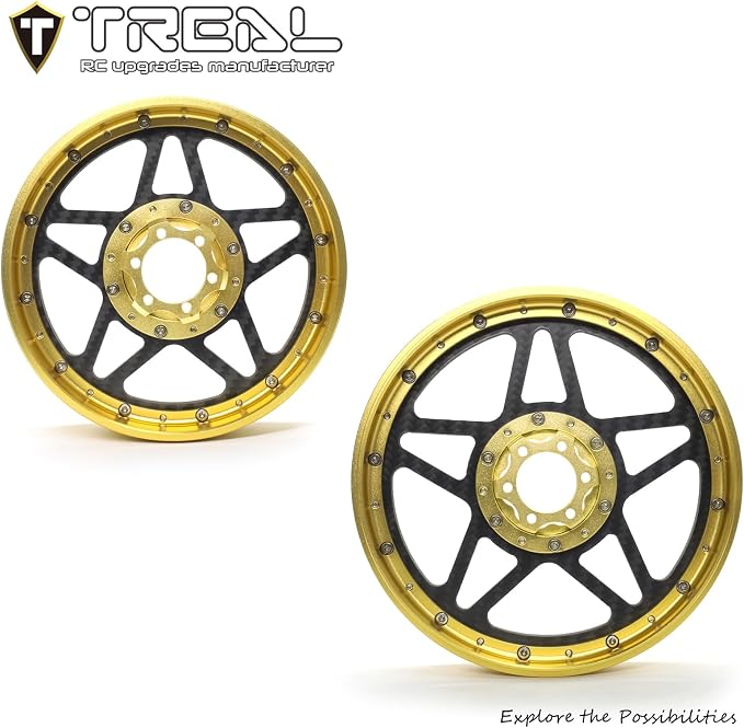 TREAL Losi Promoto MX Front and Rear Wheels(2P), CNC Machined Aluminum w Carbon Rims for Losi 1/4 FXR Motorcycle(Gold)