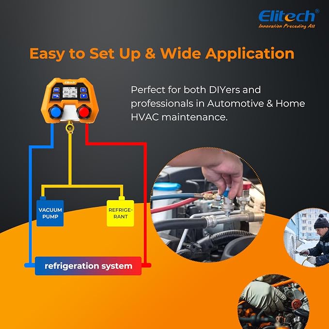 Elitech AC Gauge Set, Digital Manifold Gauge Set for HVAC & Automotive Systems, Supports 88 Refrigerants, DMG-2SE with 3 Color Hoses, R134a Quick Couplers, Can Tap & Wrench