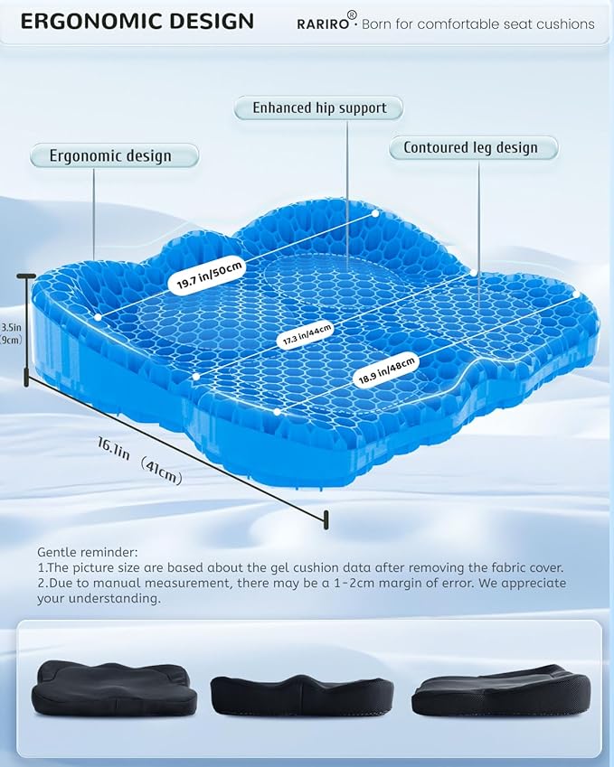 Enlarged 19.7" Gel Seat Cushion, Egg Gel Chair Pads for Wheelchair Pressure Coccyx Sciatica Pain Relief, Cooling Desk Seat Cushion for Kayak, Car, Office Chair Long Sitting[Blue]