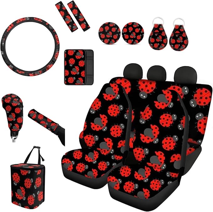 Forchrinse Red Ladybug Car Seat Cover Front Back Seat Protector with Steering Wheel Cover+Seatbelt Pads+Coaster+Handbrake Gearshift Cover+Auto Trash Can for Most Vehicles,Set of 15