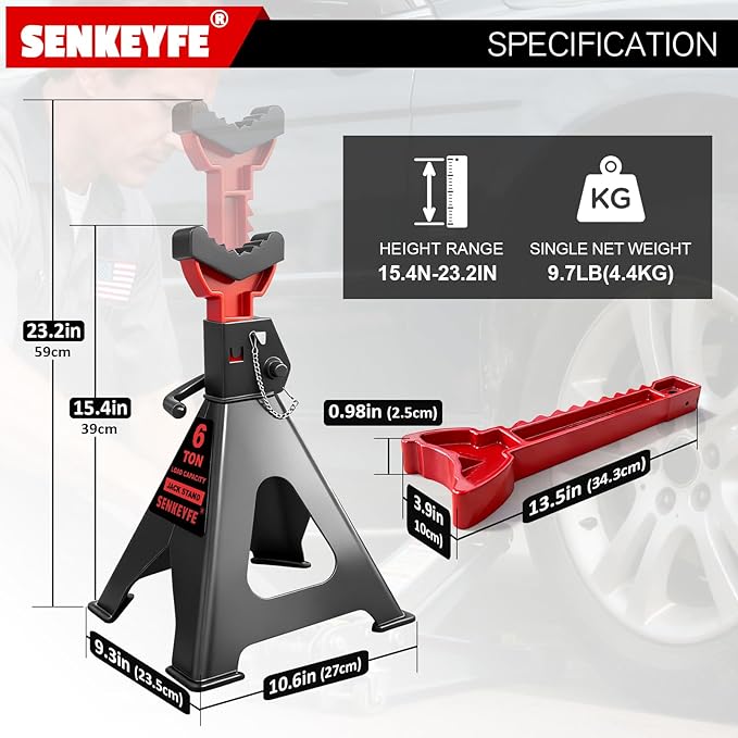 6 Ton (13,200 LBs) Jack Stands with Double Pin Locking,Rubber Cover and Large Foot Base,15"-23" Adjustable Height,Heavy Duty Car Jack Stands,Lifting Bus,RV,SUV,MPV,Pickup Truck,ATV/UTV,1 Pair