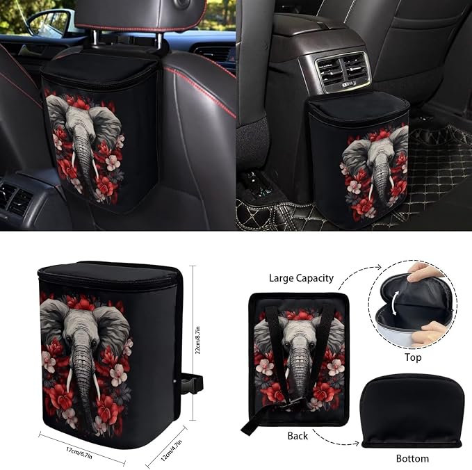 15 Pcs Rose Elephant Car Seat Covers Full Set for Women Goth Car Accessories Interior Car Steering Wheel Cover Seatbelt Covers Trash Bin Rear View Mirror Cover Cup Holders Keychain