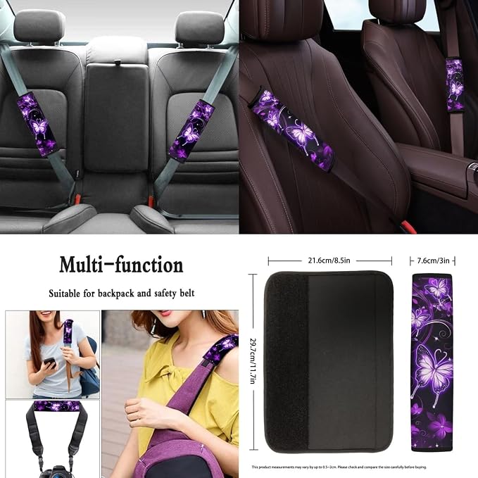 Butterfly Car Seat Covers and Accessories for Women 4 Seat Cushion Cover+1 Steering Wheel Cover+2 Safety Seatbelt Pad+2 Car Coasters+1 Shift Knob Cover and 1 Handbrake Cover, 11 Pack