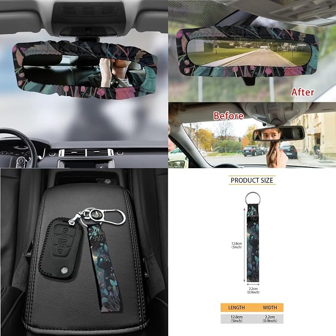 Black Cat Print Car Seat Covers Full Set with Accessories Moon Flower Print Car Front and Rear Seat Covers Steering Wheel Cover Safety Belt Pads Inside Rearview Mirror Cover