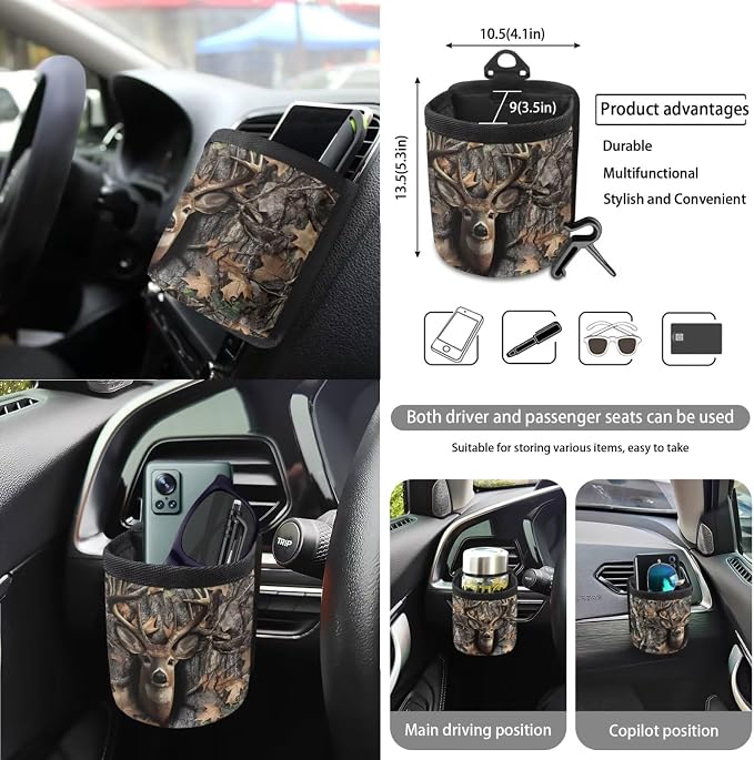 Deer Leaf Camo Pattern Car Accessories Set of 15 Bucket Seat and Rear Bench Cover Steering Wheel Cushion Seatbelt Pad Trash Bin Rearview Mirror Cover Keychain Air Outlet Bag Cup Holders