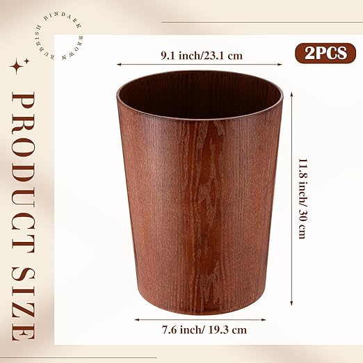 Threehoney 2 Pack 2.3 Gallons Wood Trash Can Wastebasket Natural Wood Round Wastebasket Small Trash Bin for Home, Office Under Desk, Kitchen, Bedroom, Hotel, Room(Dark Brown,Flat)