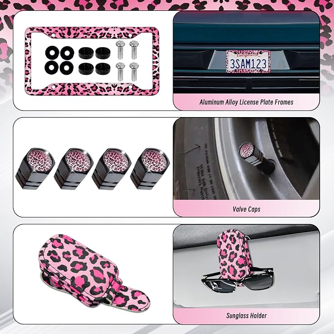 23 Pcs Car Seat Cover Full Set for Women,Universal Car Seat Cover, Print Printing Car Steering Wheel Cover Center Console Armrest,Sunglass Holder Accessories Full SUV (Pink Leopard Print)