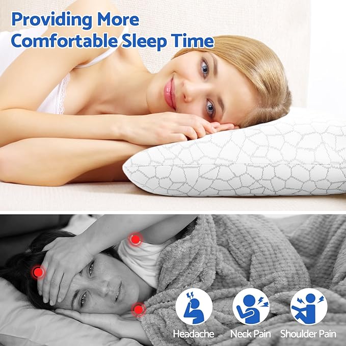 CushZone Memory Foam Pillows for Sleeping, Bed Pillow with Removable and Machine Washable Cover, Bed Pillow for Side, Back and Stomach Sleepers, Standard Size (2 Pack)