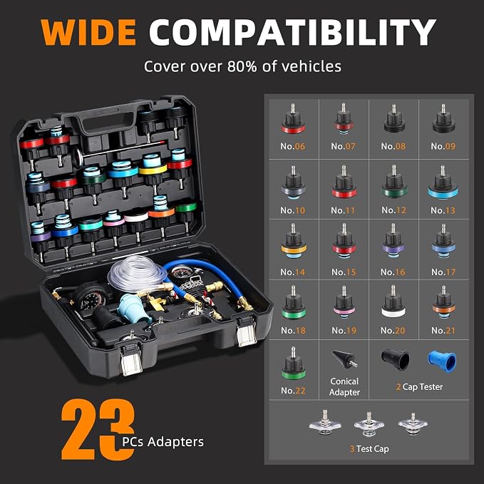 FOUR UNCLES 33pcs Radiator & Coolant Pressure Tester and Vacuum Refill Kit - Universal Cooling System Leak Tester and Refiller for Cars Motorcycles Trucks (Black)