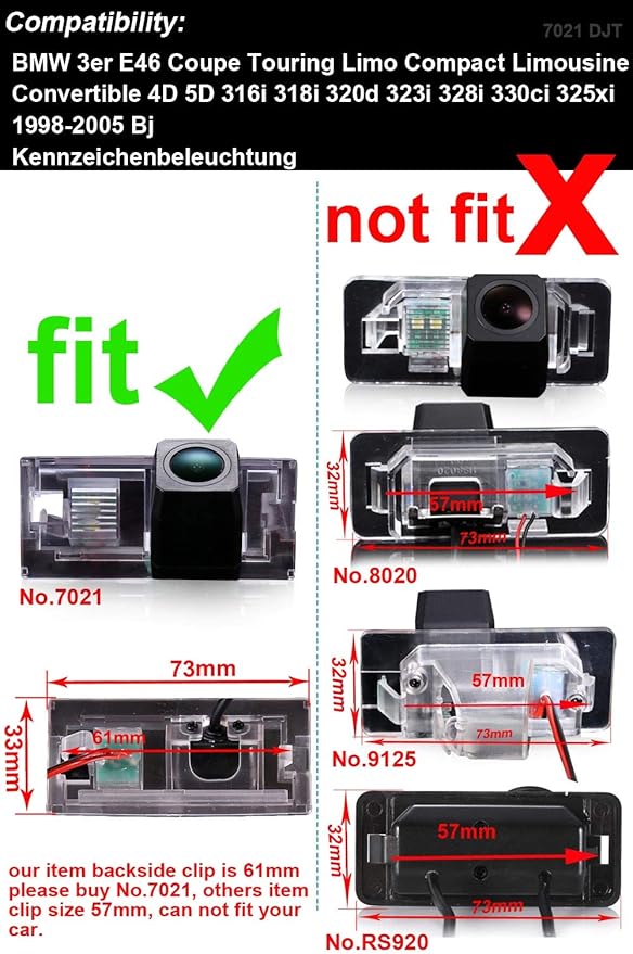 HD IP68 170° Night Vision Reversing Plate Light License Rear View Backup Camera Compatible with BMW 3er E46 Touring Limo Compact Limousine Convertible 4D 5D 316i 318i 320d 323i 328i 330ci 325xi (7021)