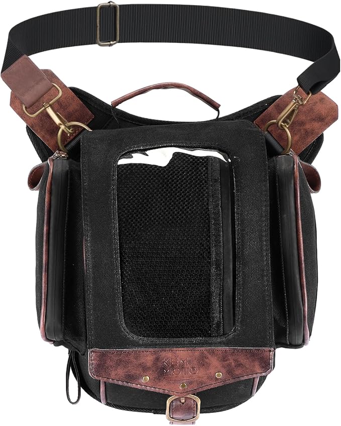 KEMIMOTO Motorcycle Tank Bag, Retro Expandable Storage Thigh Bag Leg Bag with Leg Strap, Waterproof Touch Screen Protector for Mobile Phones, Oil Waxed Canvas Material, Black 8.5L