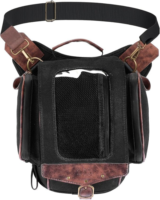 KEMIMOTO Motorcycle Tank Bag, Retro Expandable Storage Thigh Bag Leg Bag with Leg Strap, Waterproof Touch Screen Protector for Mobile Phones, Oil Waxed Canvas Material, Black 8.5L