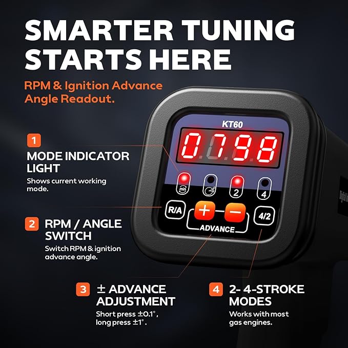 KZYEE KT60 Digital Timing Light with RPM & Advance Angle, 12V Inductive Ignition Timing Light for 2&4-Stroke Petrol Engine and Large Hard Carrying Case