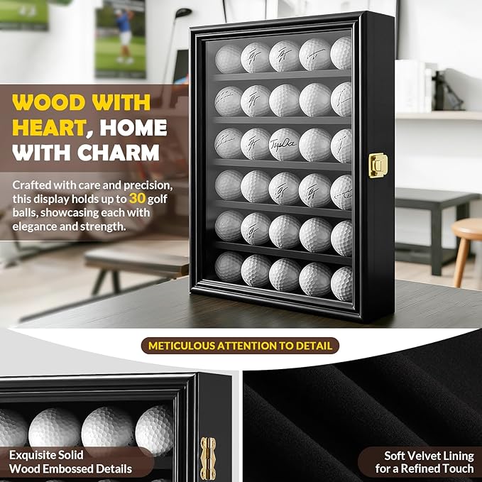 JupDec Golf Ball Display Case Frame for 30 Balls, Dustproof Solid Wood Holder Box with Unobstructed Clear View, Velvet Lined Cabinet with Removable Shelves, Ideal Gift for Golf Fans