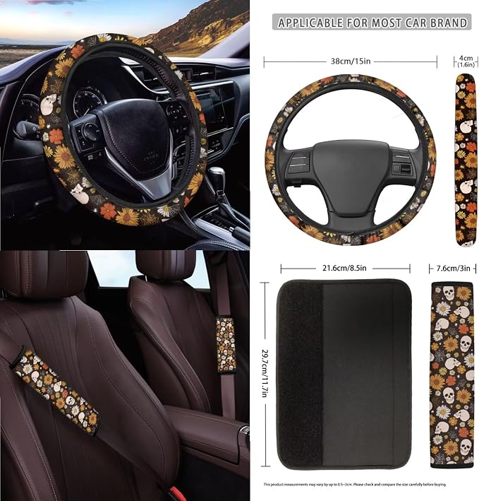 Gothic Skull Floral Print 15Pcs Car Seat Cover Full Set Car Steering Wheel Cover Seat Belt Cover Trash Bin Air Vent Storage Box Front Rear View Mirror Car Cup Holder Keychain