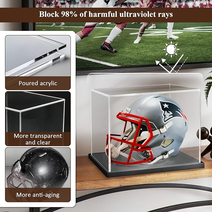 Mini Football Helmet Display Case with Clear Acrylic Cover and Black Solid Wood Base, Great for Sports Enthusiast, Diecast Cards Collectibles Dolls Figurines (Not Full Size)