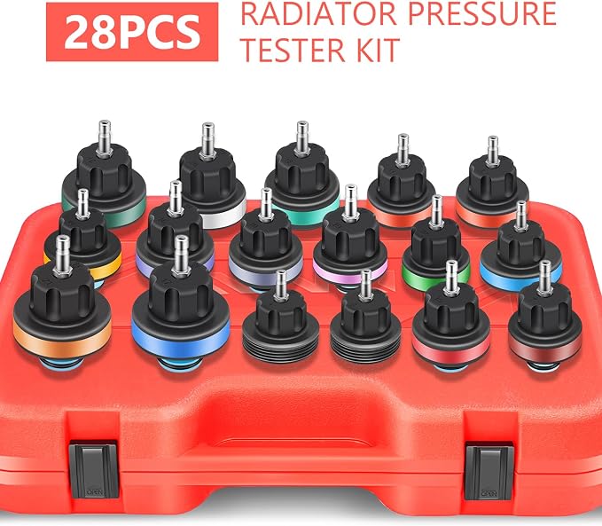 DNA MOTORING 28pcs Radiator Coolant Pressure Tester Vacuum Refill Tool Kit for Most Vehicles,with Carrying Case,Red,TOOLS-00315
